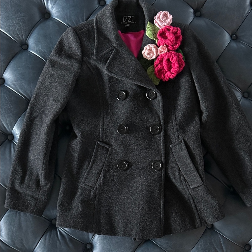 Black Peacoat with crochet Pink Floral Accents and bright pink lining. S